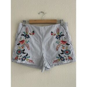 Loft Floral Embroidered Blue Striped Cotton Shorts Size 6 Casual Boho Coquette